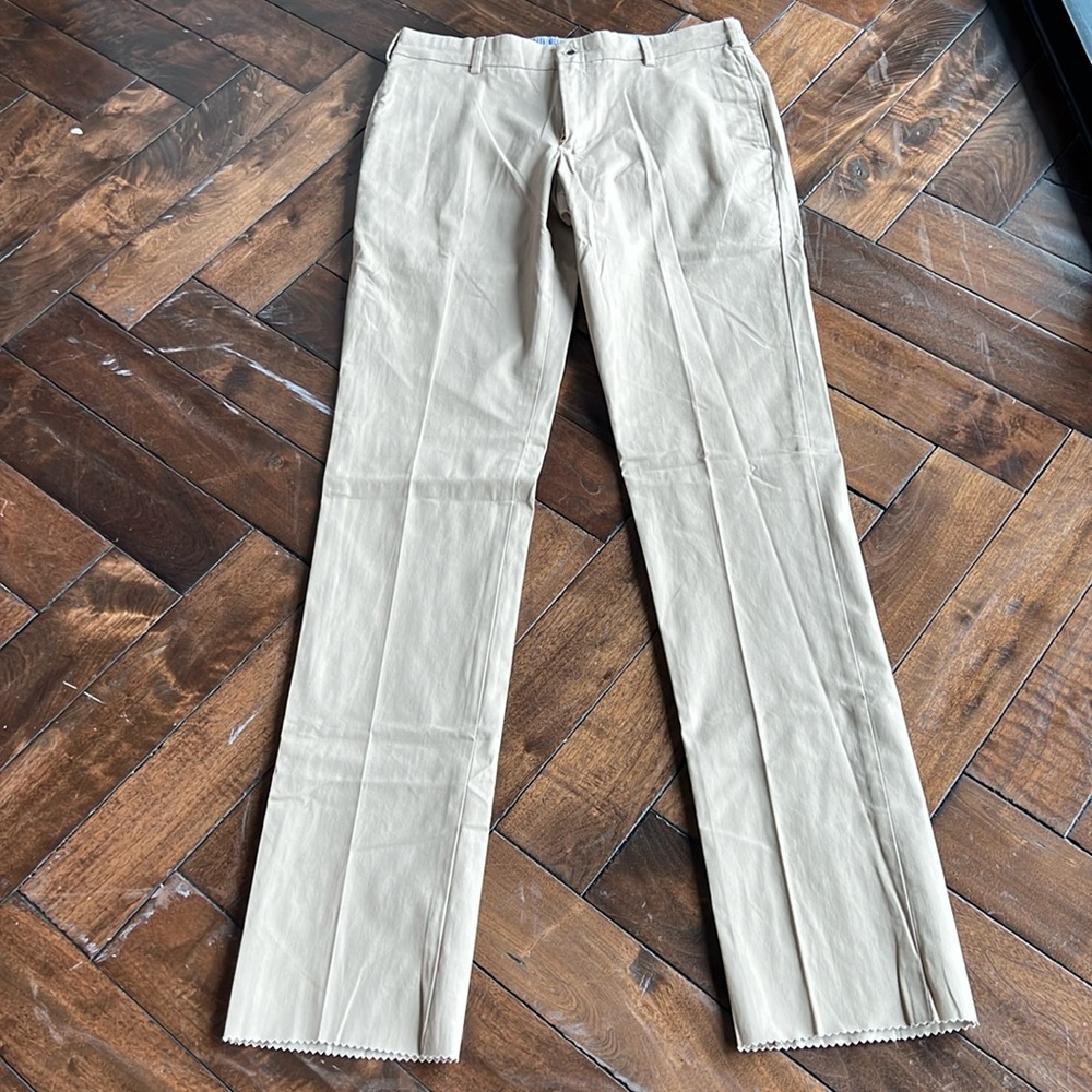 Frank’s size 35 plain front trim fit khaki unhemmed long inseam fitted trouser